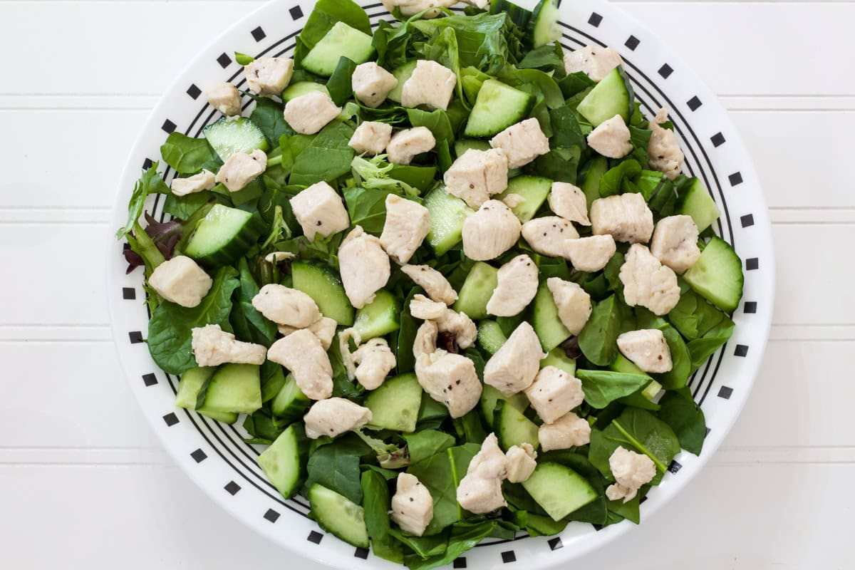 The cooked chicken and crisp cucumber spread out over the mixed greens on a dinner plate.
