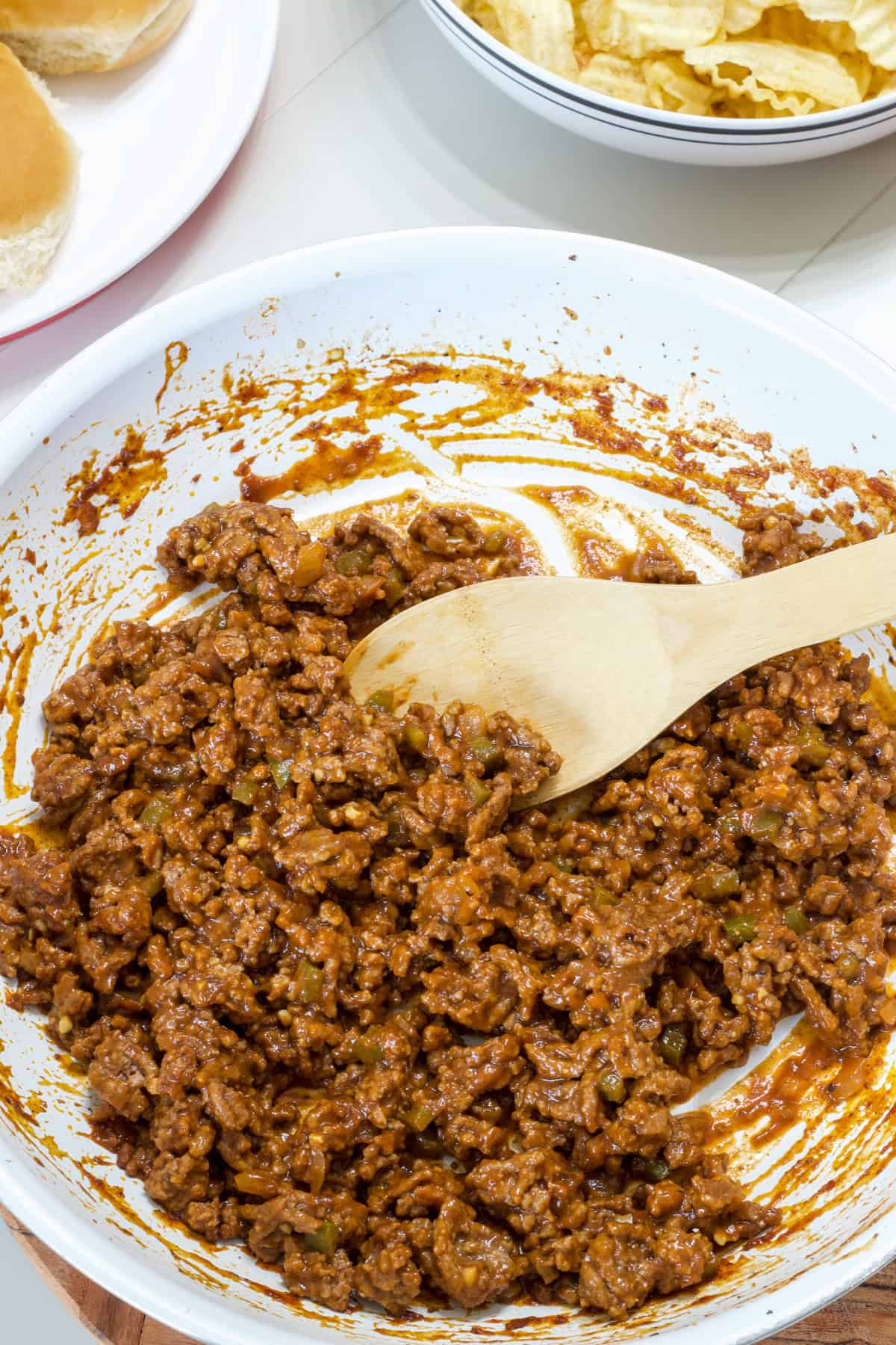 The entire batch of Old Fashioned Homemade Sloppy Joes in the skillet it was cooked in.