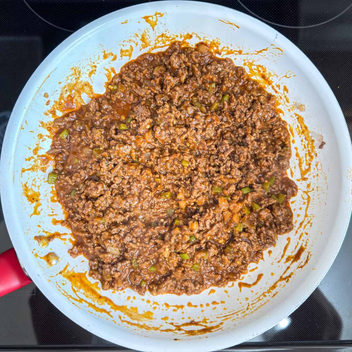 The sloppy joe meat with all ingredients added ready to simmer for about 10 minutes.