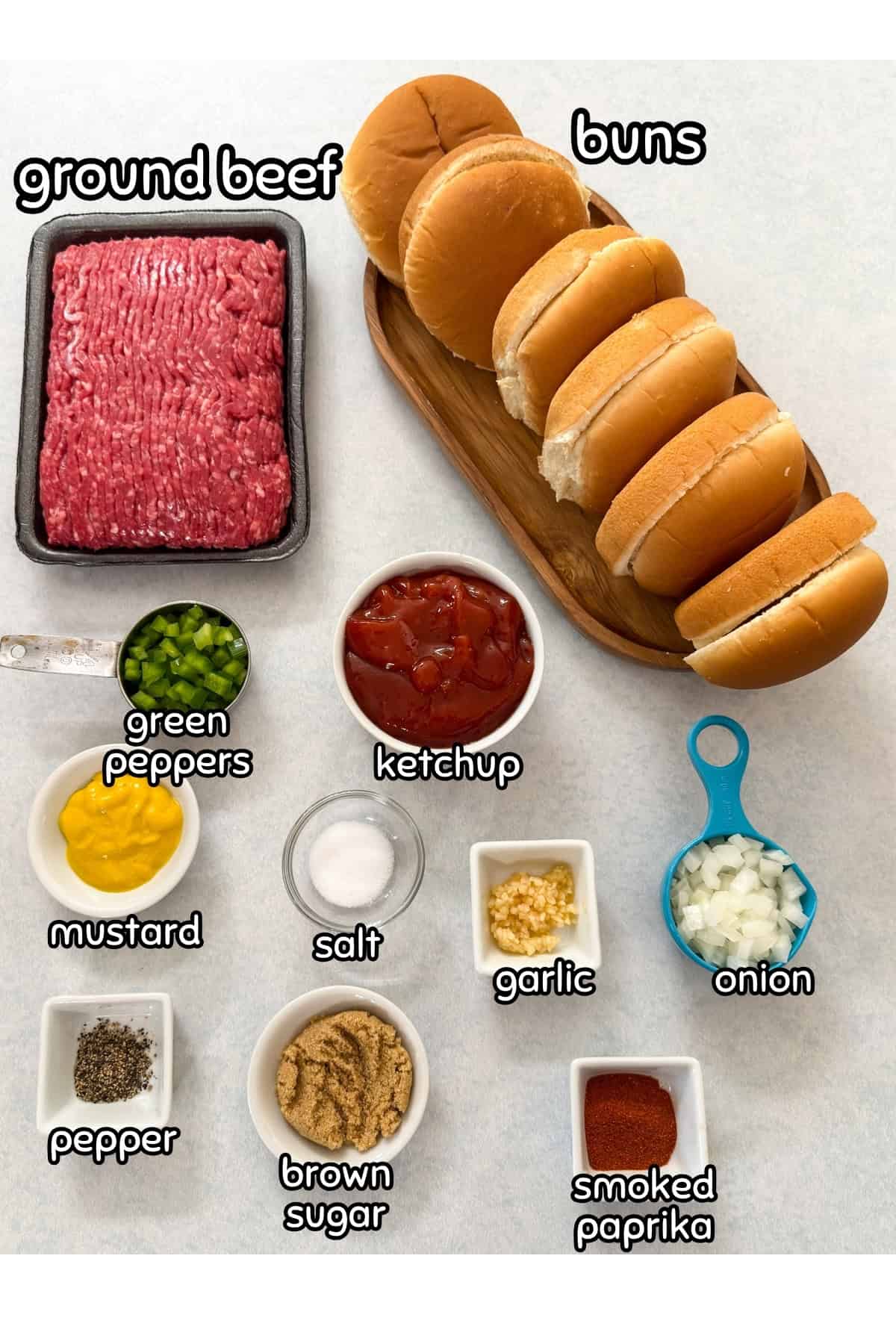All of the ingredients needed to make the Old Fashioned Homemade Sloppy Joes recipe measured out.