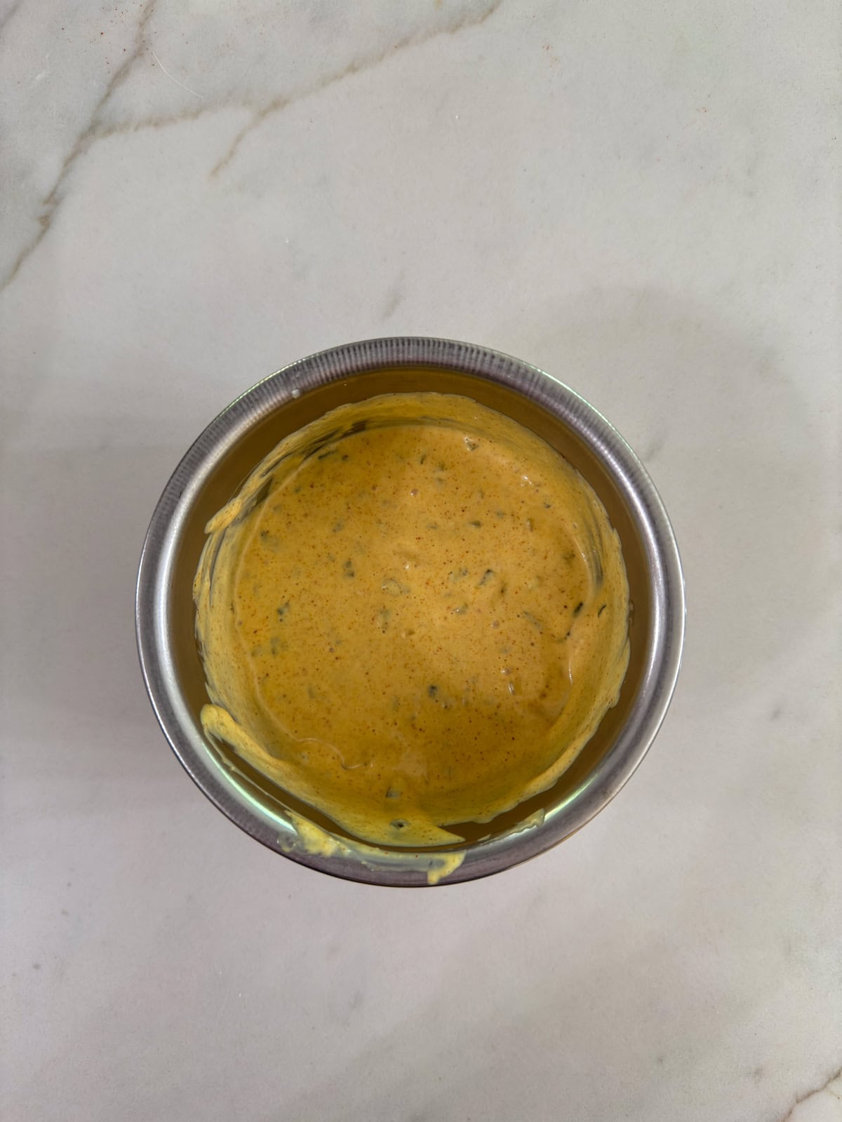 The Big Mac special sauce in a stainless steel bowl after it's been mixed up.