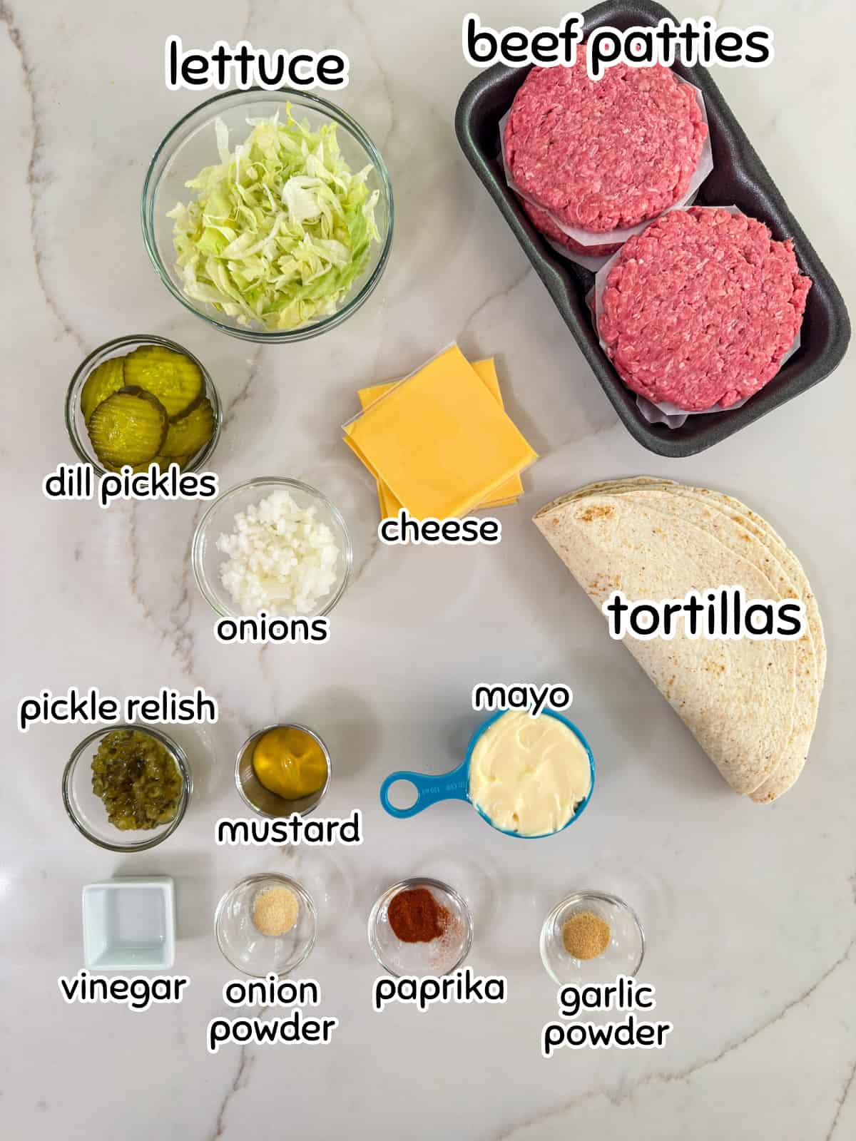 All of the ingredient measured out and ready to make the Big Mac Wraps Recipe.