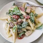 Feature image of an overhead shot of one serving of pasta salad on a white plate.