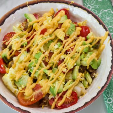 Close up overhead shot of one finished burrito bowl.