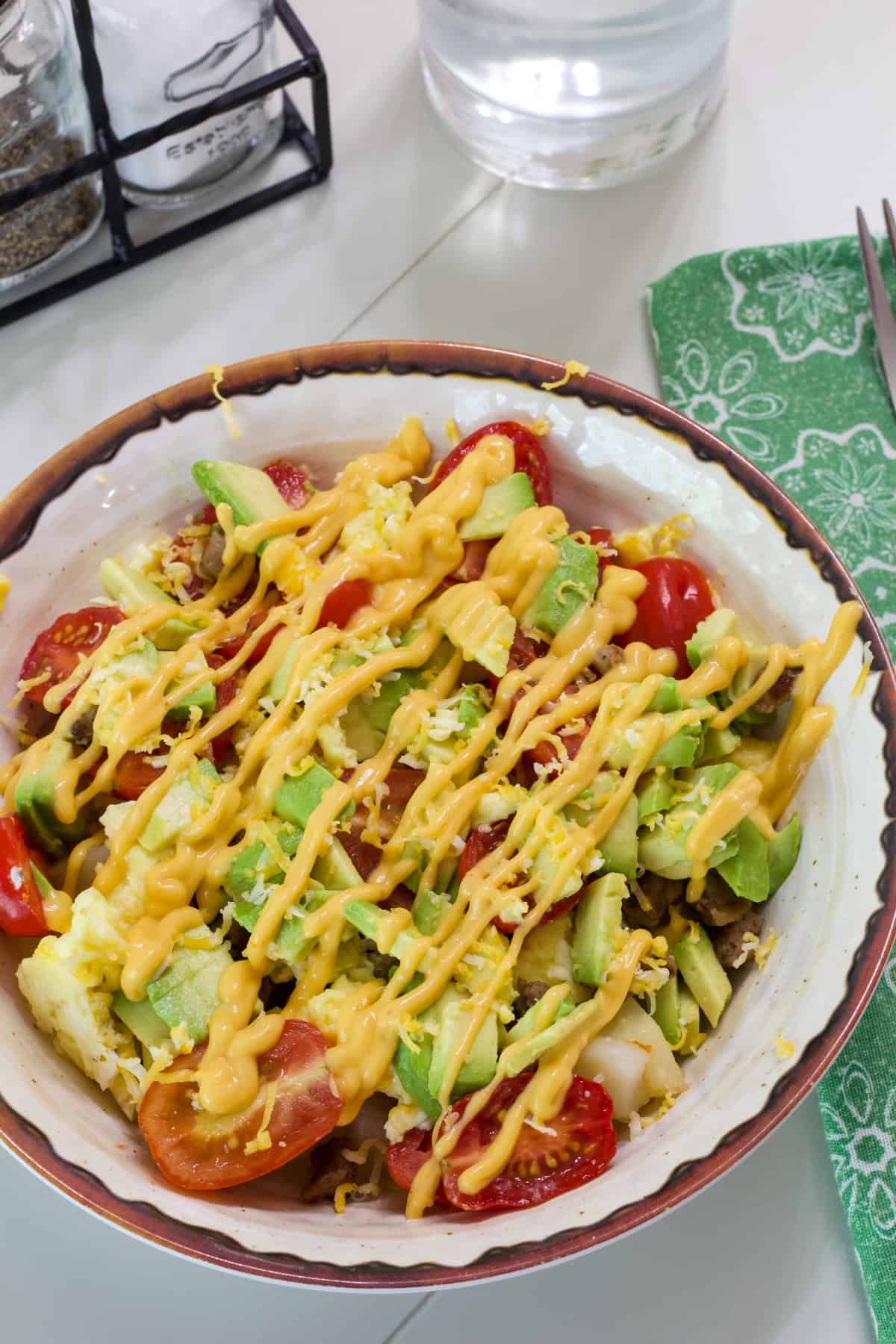 Overhead shot of one assembled Healthy Breakfast Burrito Bowl.