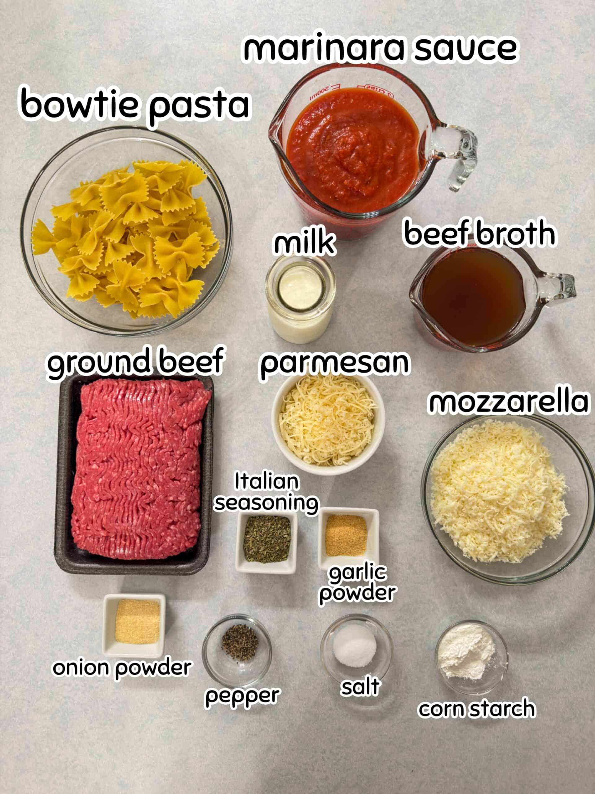 All of the ingredients measured out and ready to make the Homemade Hamburger Helper Lasagna recipe.