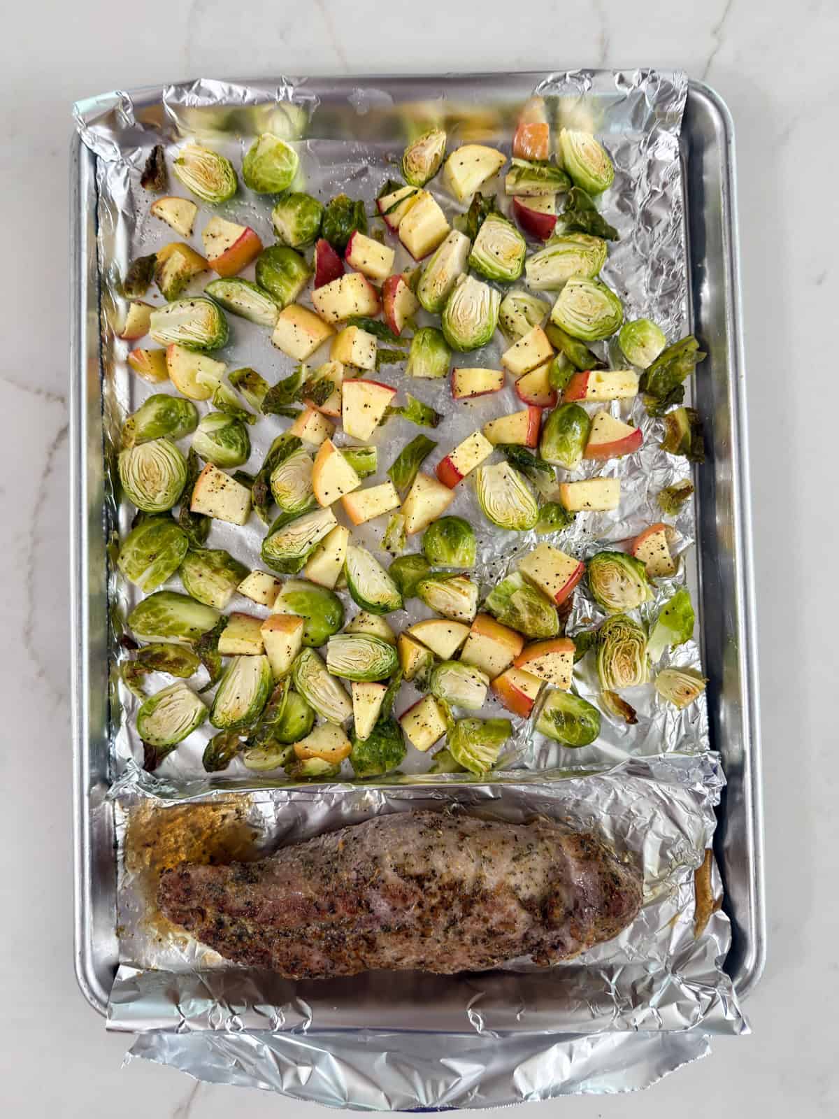 The Pork Tenderloin Brussels Sprouts and Apple Dinner after it came out of the oven.