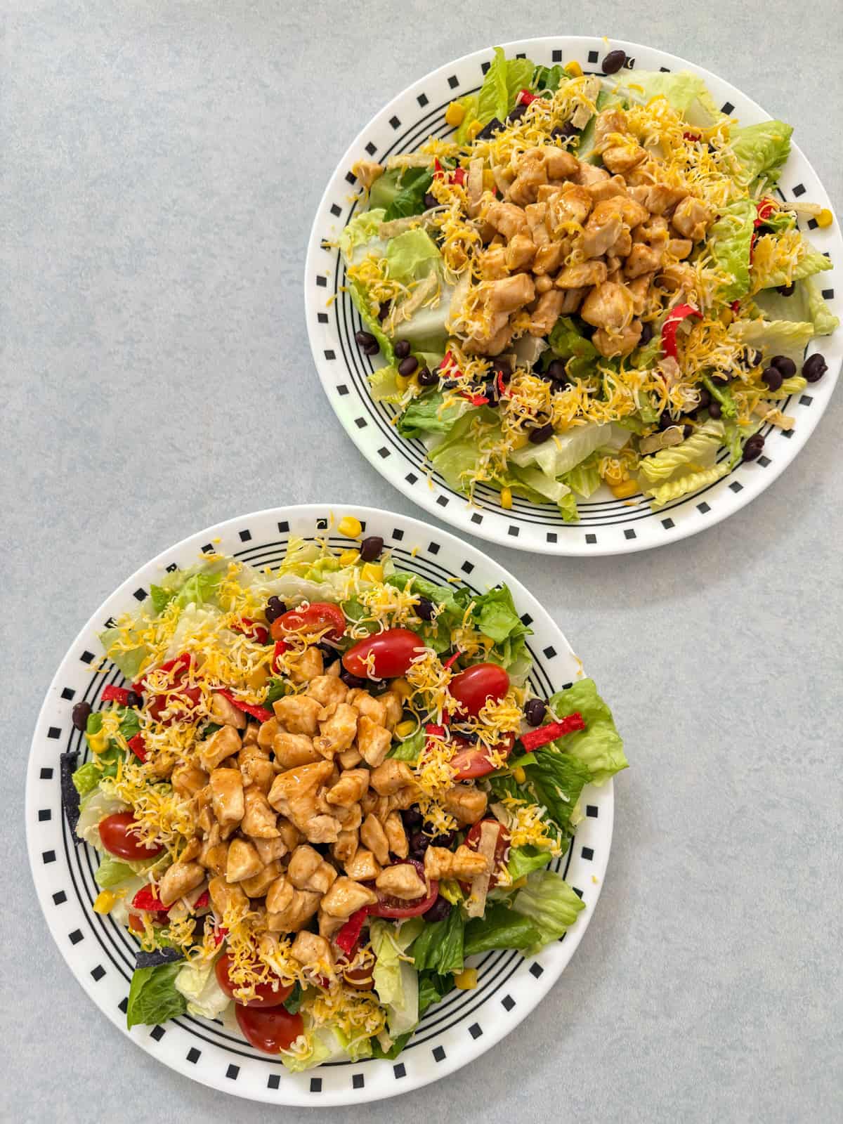 The cheese, tomatoes, chicken, and crunchy tortilla strips added to the salad.