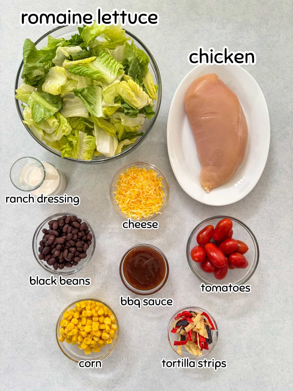 All of the ingredients measured out and ready to make the Southwest BBQ Chicken Salad recipe.