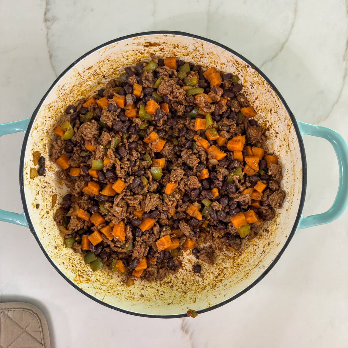 Everything mixed together ready to be cooked for the last 2 minutes so the beans are hot.