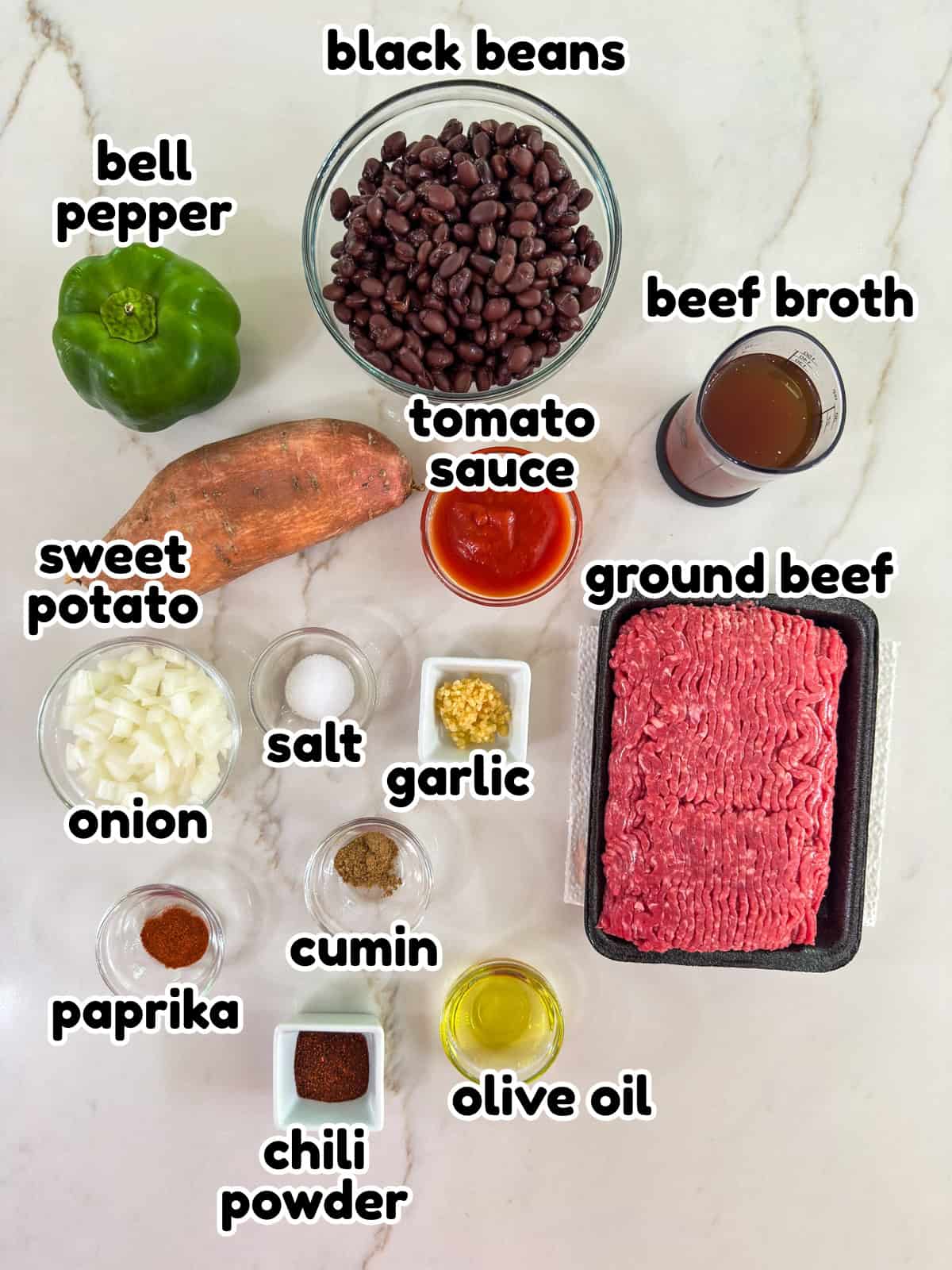 All of the ingredients measured out to make the Ground Beef Sweet Potato Hash recipe.